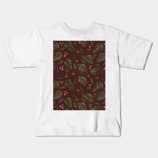 Christmas tree branches and berries - brown and sap green Kids T-Shirt